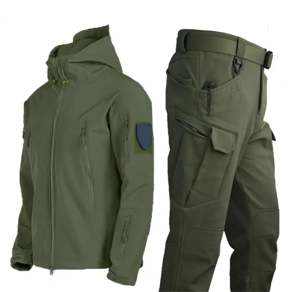 2Pcs Fleece Lined Men Thermal Jacket Pants Waterproof Coldproof Work Outfit Thicken Fastener Tape Jacket Pants Hooded Tracksuit