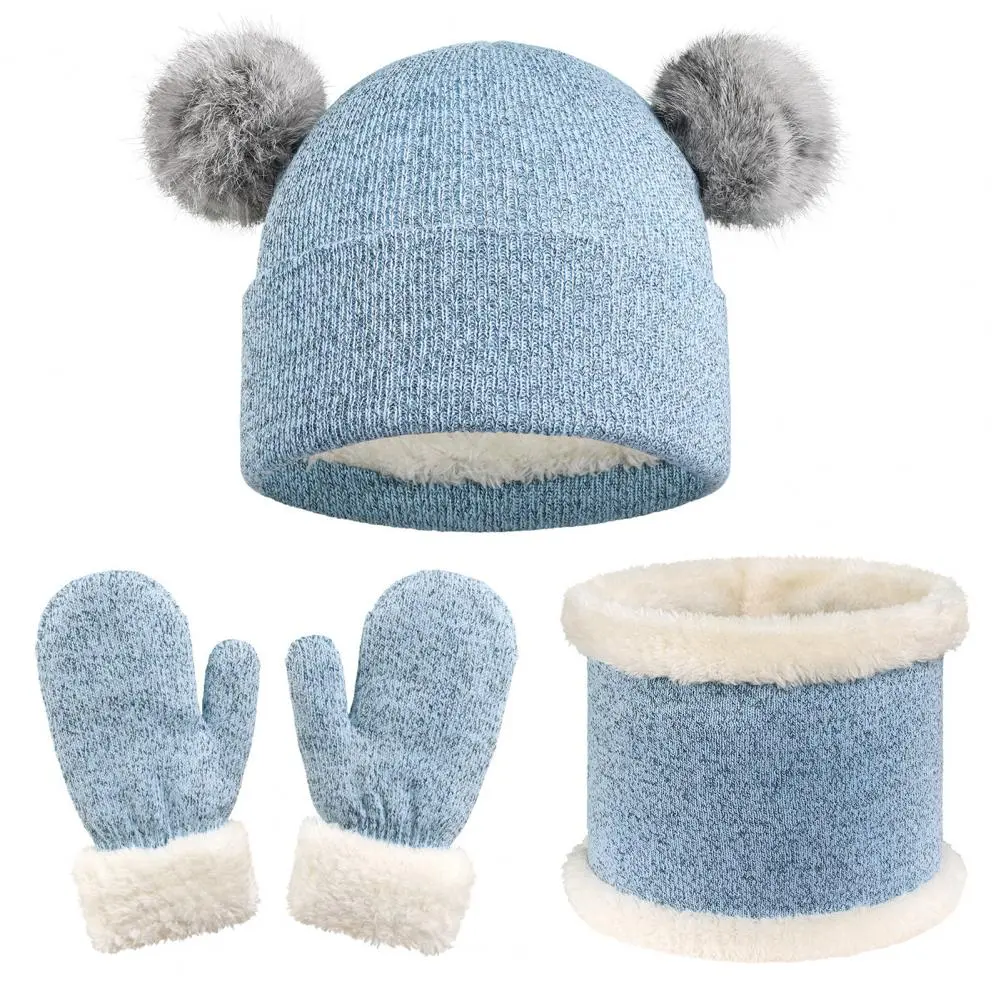 Easy-to-wear Hat Scarf Gloves Flip Gloves Telescopic Cuffs Cozy Winter Accessories Set for Kids Fleece-lined Knit Pom Pom Hat