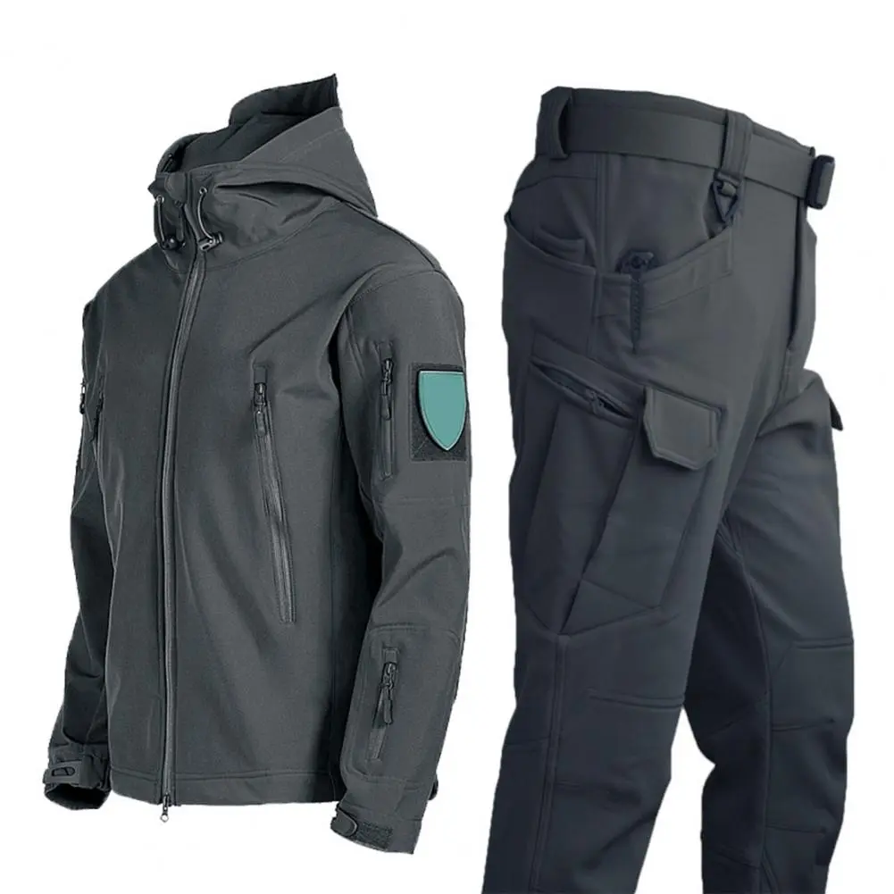 2Pcs Fleece Lined Men Thermal Jacket Pants Waterproof Coldproof Work Outfit Thicken Fastener Tape Jacket Pants Hooded Tracksuit