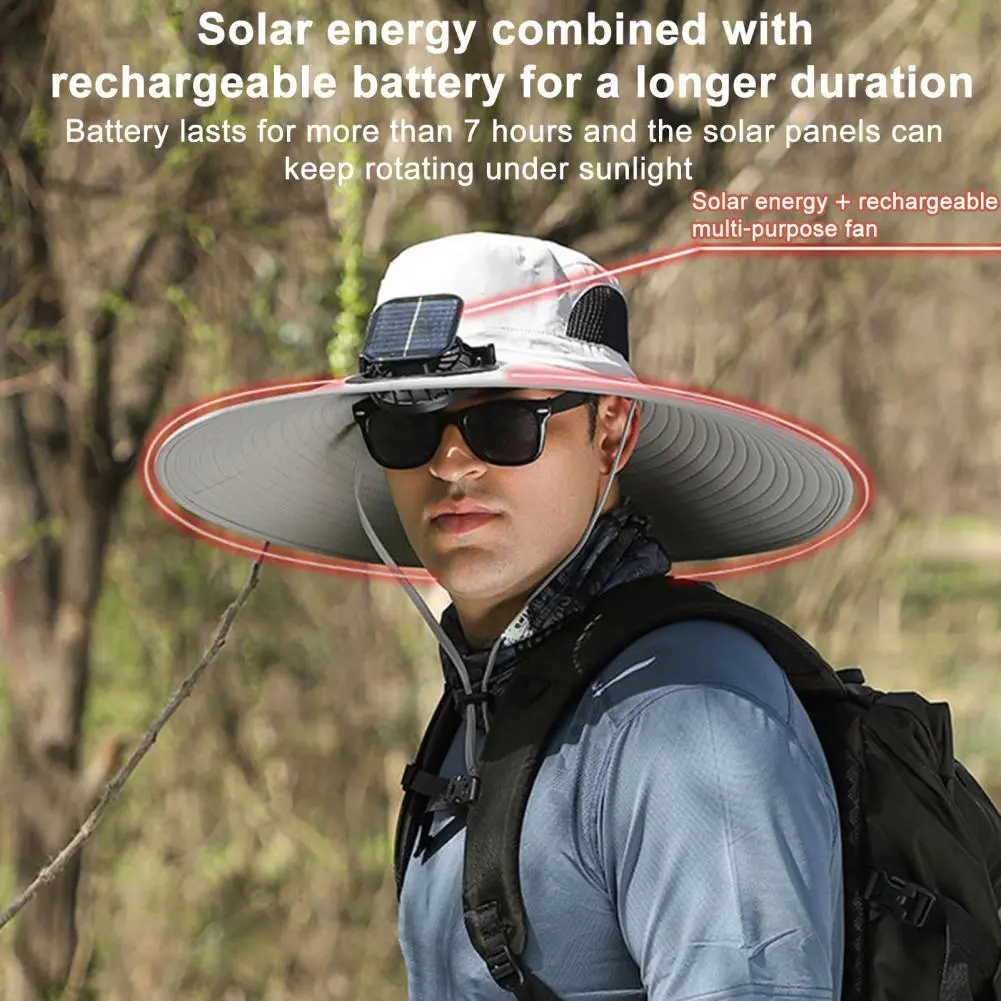 Wide-brimmed Hat with Dual-power Fan Breathable Mesh Fishing Hat Dual-power Solar Fan Hat with Wide-brim Design for Outdoor