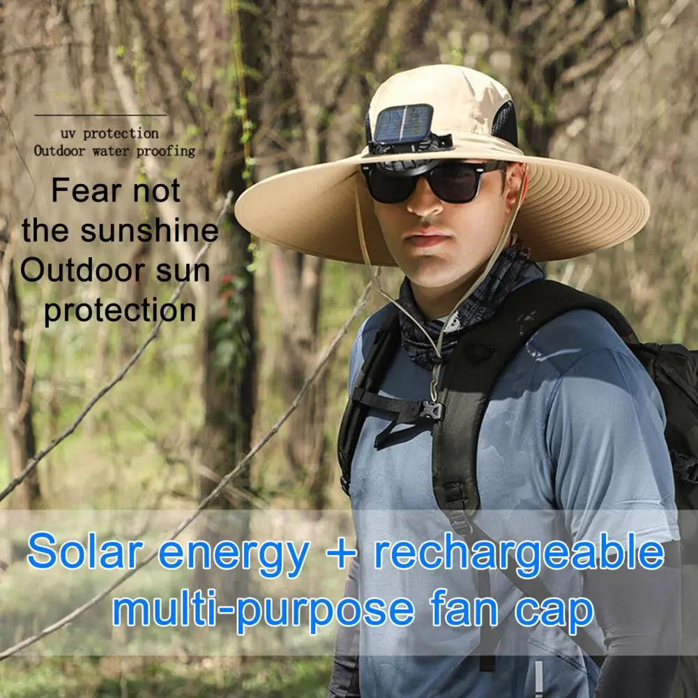Wide-brimmed Hat with Dual-power Fan Breathable Mesh Fishing Hat Dual-power Solar Fan Hat with Wide-brim Design for Outdoor