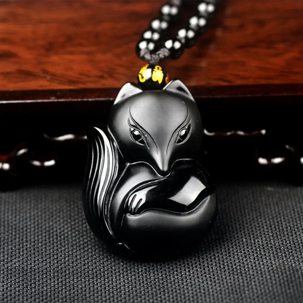 2023 Obsidian Carving Fox Amulet Pendant Bead Chain Necklace Chinese Fashion Charm Necklaces For Woman Men Fashion Jewelry Gift