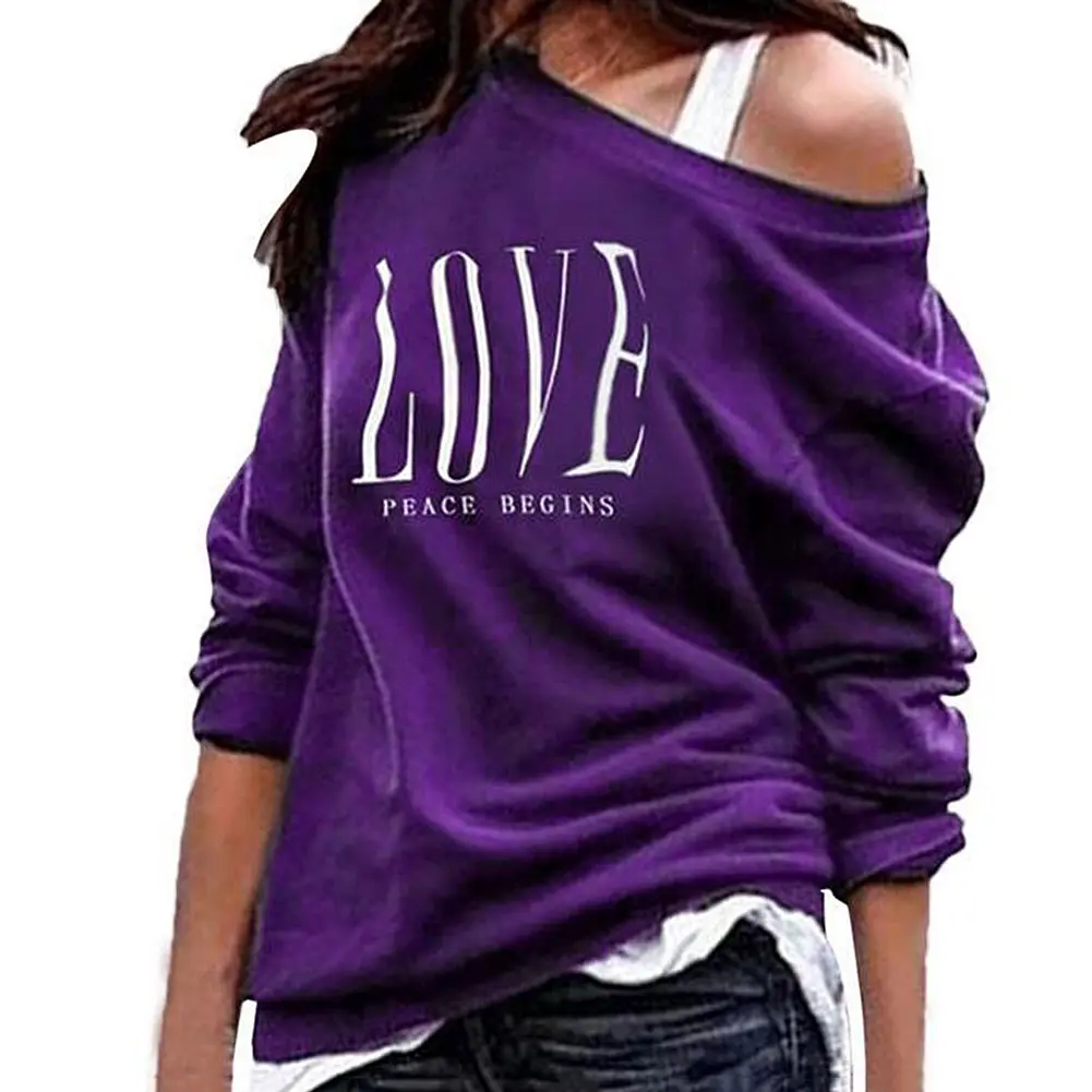 Women Spring Sweatshirts 2022 Sexy One Off Shoulder LOVE Letters Print Sweatshirt Long Sleeve T-shirt Oversized Hoodie sudaderas