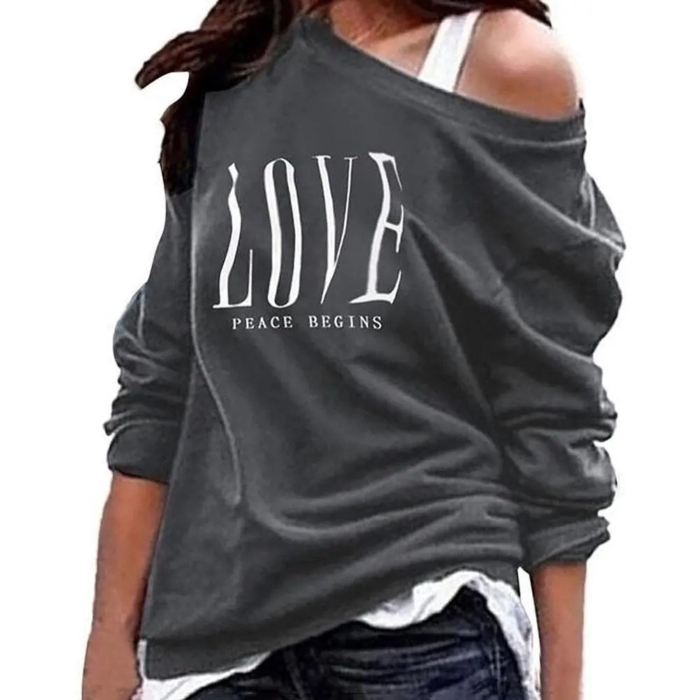 Women Spring Sweatshirts 2022 Sexy One Off Shoulder LOVE Letters Print Sweatshirt Long Sleeve T-shirt Oversized Hoodie sudaderas