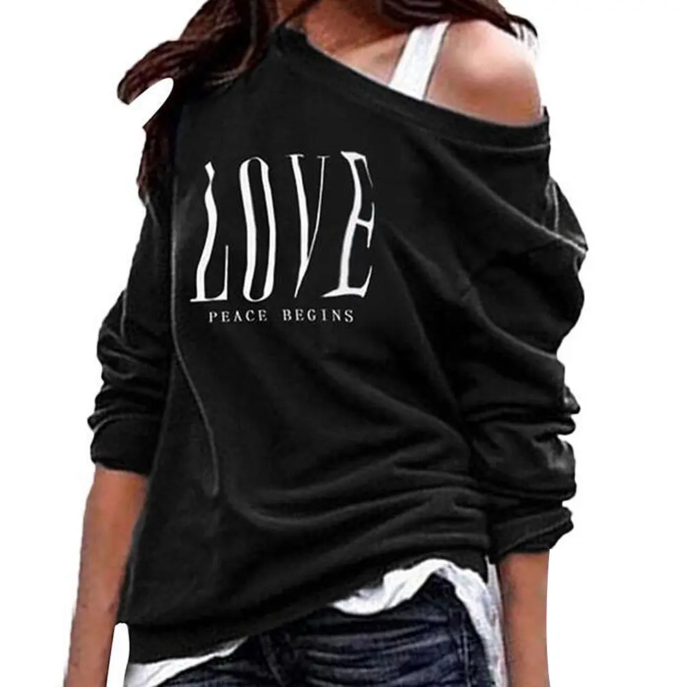 Women Spring Sweatshirts 2022 Sexy One Off Shoulder LOVE Letters Print Sweatshirt Long Sleeve T-shirt Oversized Hoodie sudaderas