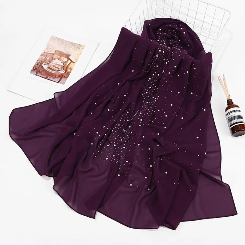 Simple Design Scarf Elegant Imitation Pearl Decor Lightweight Scarf Headwrap for Women Fashionable Solid Color Headscarf
