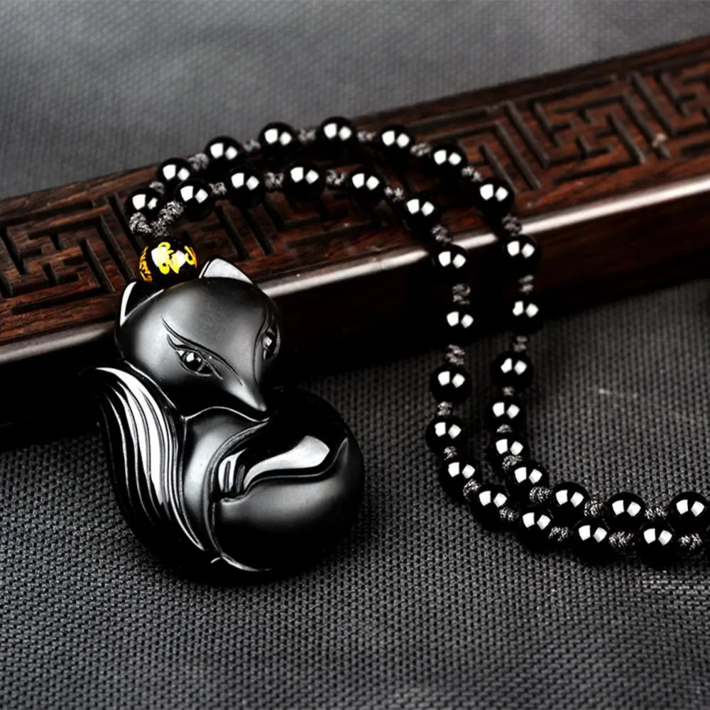 2023 Obsidian Carving Fox Amulet Pendant Bead Chain Necklace Chinese Fashion Charm Necklaces For Woman Men Fashion Jewelry Gift