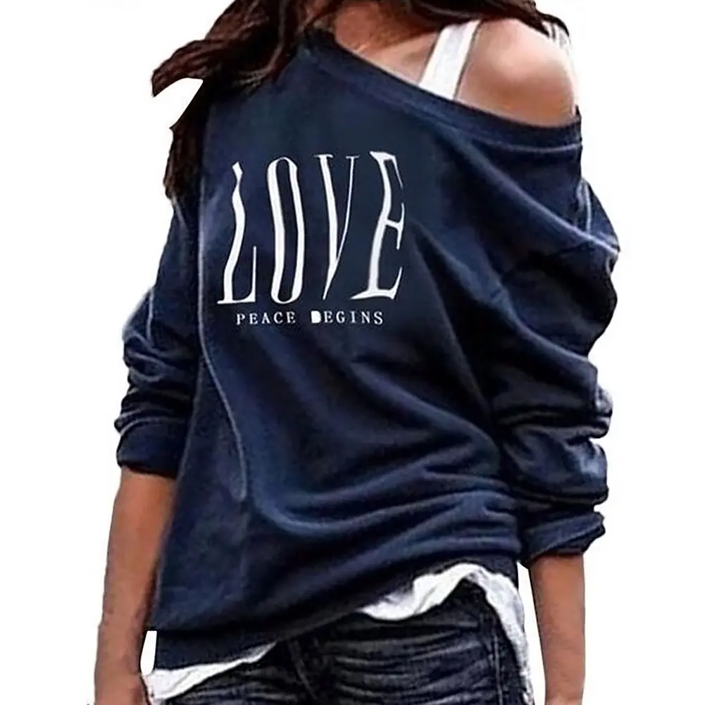Women Spring Sweatshirts 2022 Sexy One Off Shoulder LOVE Letters Print Sweatshirt Long Sleeve T-shirt Oversized Hoodie sudaderas