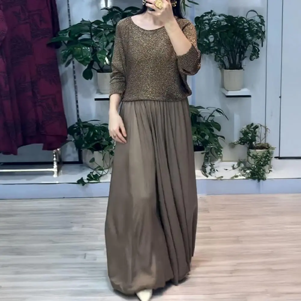 Women Two Piece Skirt Set Shining Round Neck Long Sleeve Top High Waist A-Line Maxi Skirt Set Casual Sparkly Two Piece Skirt Set