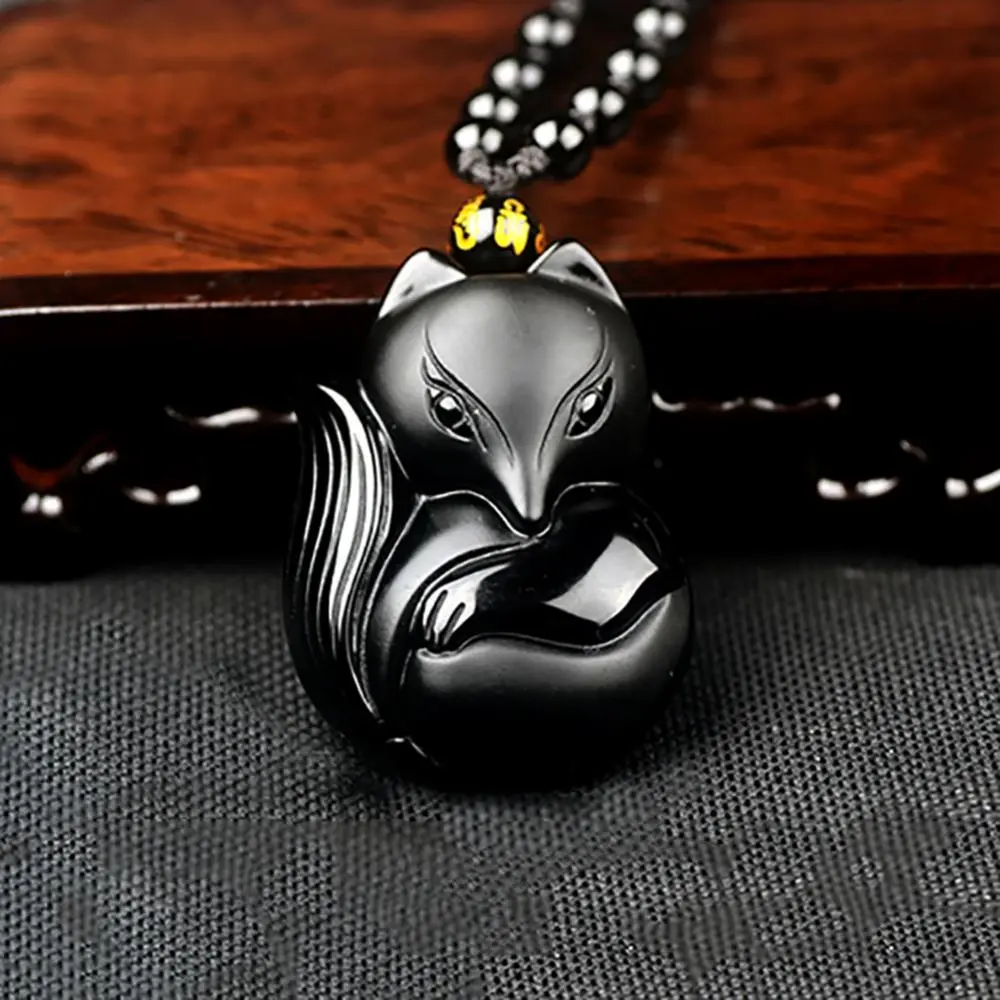 2023 Obsidian Carving Fox Amulet Pendant Bead Chain Necklace Chinese Fashion Charm Necklaces For Woman Men Fashion Jewelry Gift