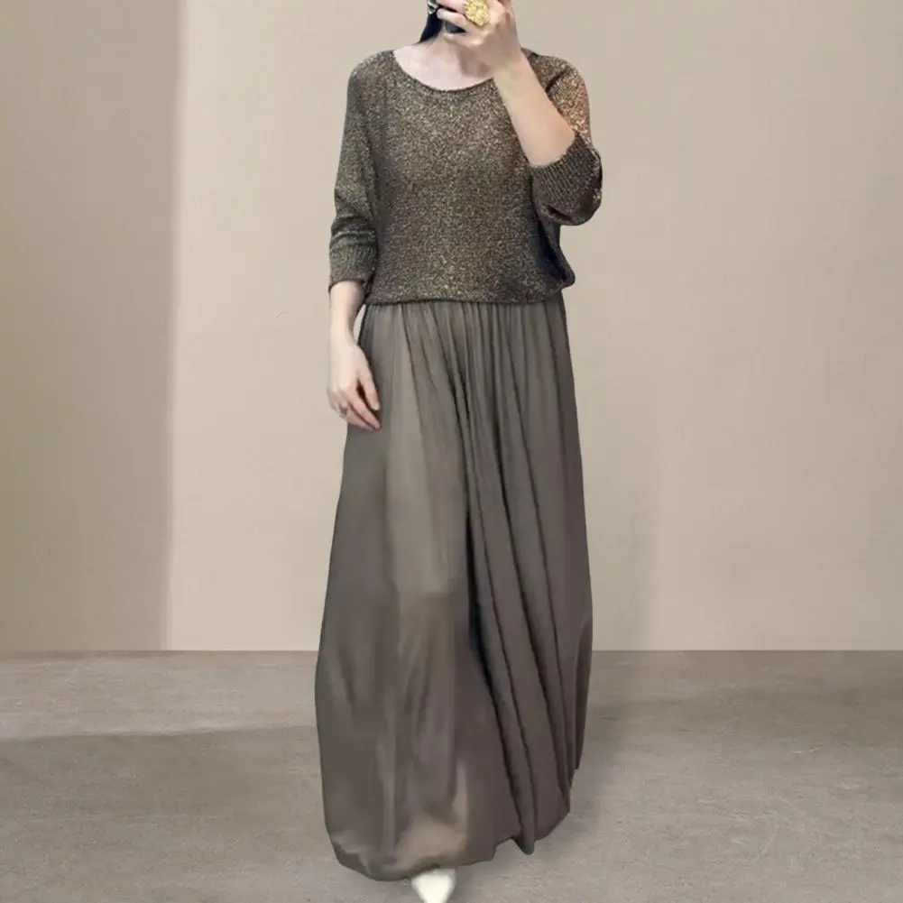 Women Two Piece Skirt Set Shining Round Neck Long Sleeve Top High Waist A-Line Maxi Skirt Set Casual Sparkly Two Piece Skirt Set