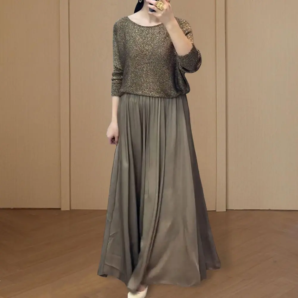 Women Two Piece Skirt Set Shining Round Neck Long Sleeve Top High Waist A-Line Maxi Skirt Set Casual Sparkly Two Piece Skirt Set