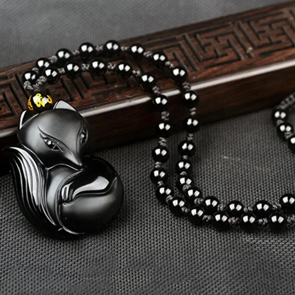 2023 Obsidian Carving Fox Amulet Pendant Bead Chain Necklace Chinese Fashion Charm Necklaces For Woman Men Fashion Jewelry Gift