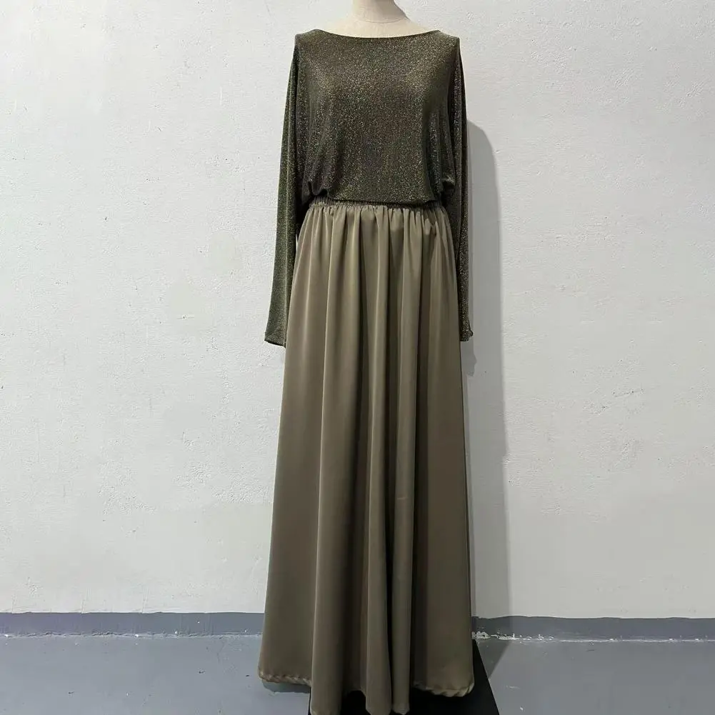 Women Two Piece Skirt Set Shining Round Neck Long Sleeve Top High Waist A-Line Maxi Skirt Set Casual Sparkly Two Piece Skirt Set