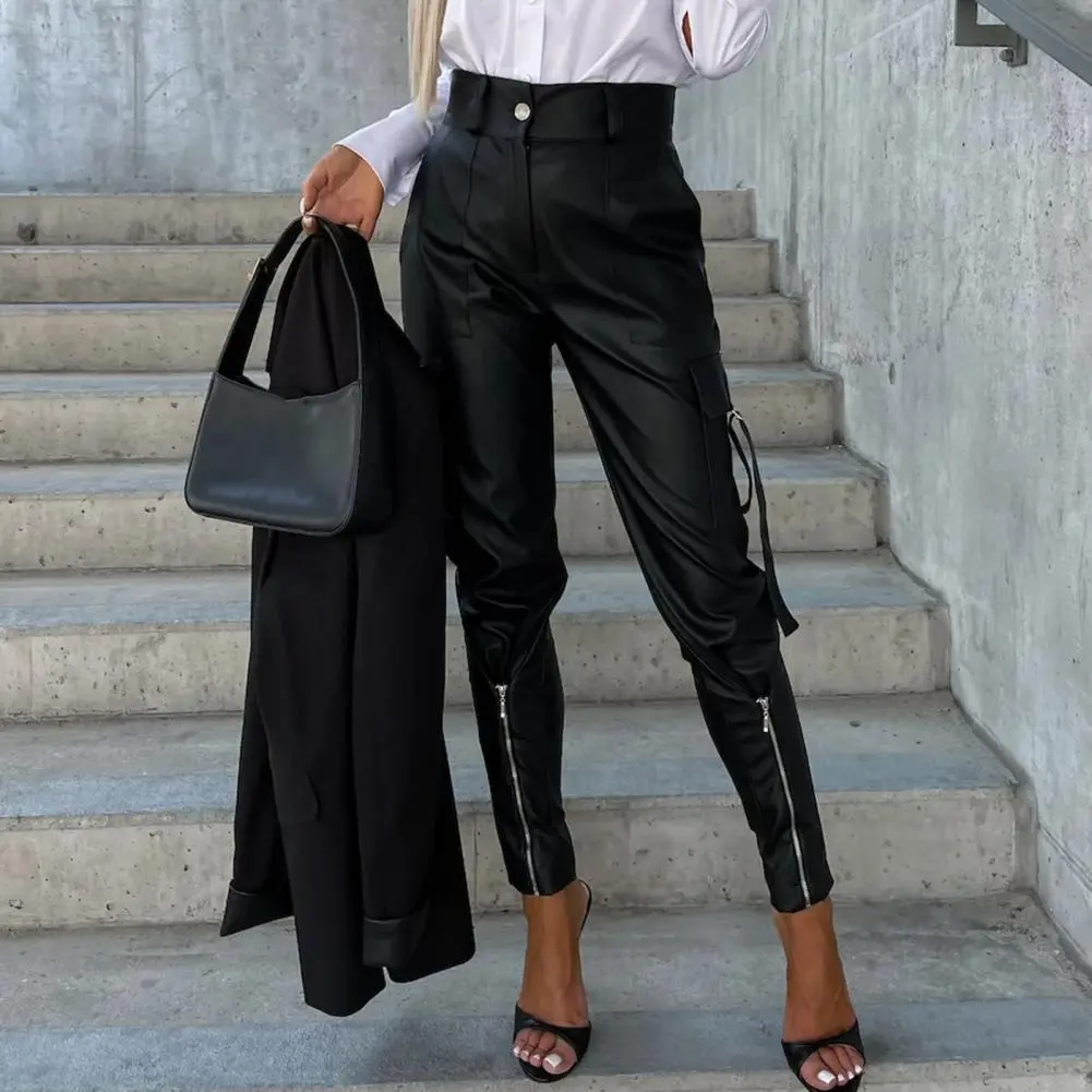 2023 Women's Leather Pants Multi Pockets Women PU Leather Pants High Waist Skinny Push Up Leggings Pencil Pants Long Trousers