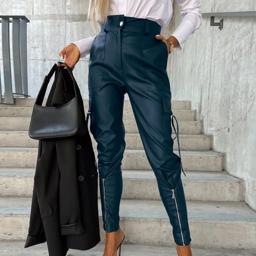 2023 Women's Leather Pants Multi Pockets Women PU Leather Pants High Waist Skinny Push Up Leggings Pencil Pants Long Trousers