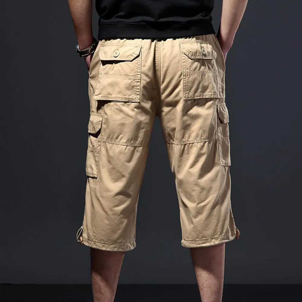 Men Cargo Pants Summer Casual Shorts Camouflage Multi Pockets Cargo Pants Loose Mid-calf Length Stretchy Waist Men Trousers