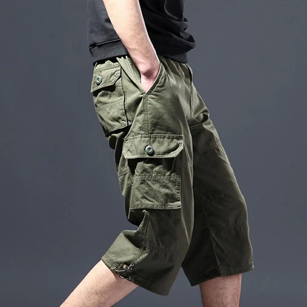 Men Cargo Pants Summer Casual Shorts Camouflage Multi Pockets Cargo Pants Loose Mid-calf Length Stretchy Waist Men Trousers