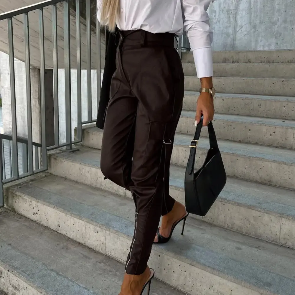 2023 Women's Leather Pants Multi Pockets Women PU Leather Pants High Waist Skinny Push Up Leggings Pencil Pants Long Trousers