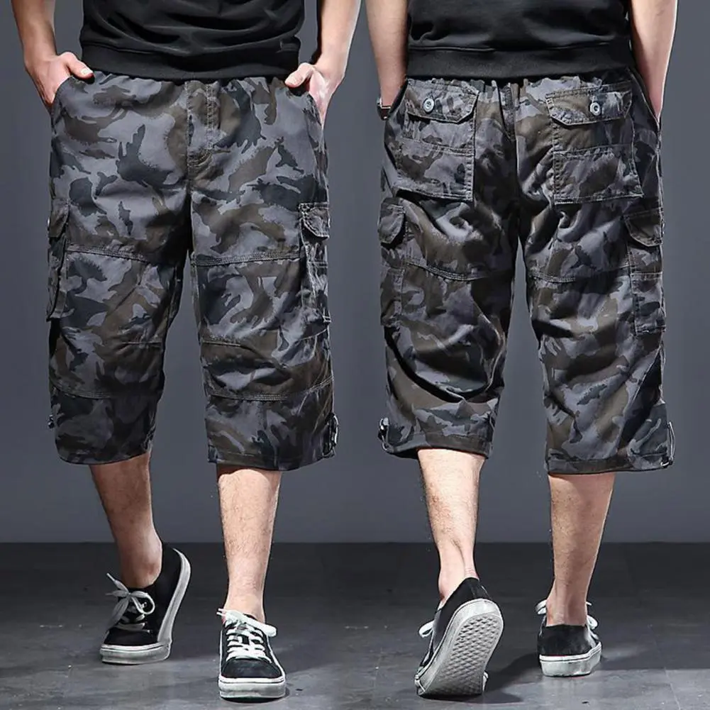 Men Cargo Pants Summer Casual Shorts Camouflage Multi Pockets Cargo Pants Loose Mid-calf Length Stretchy Waist Men Trousers