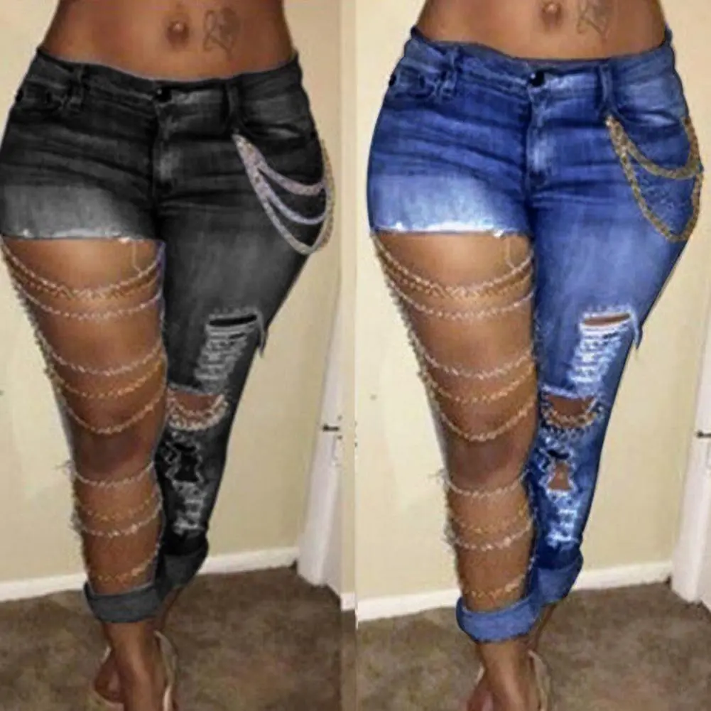 Women Denim Pants Exaggerated Ripped Holes Pencil Pants Ripped Holes Button Closure Skinny Jeans Hip Hop Skinny Denim Pants