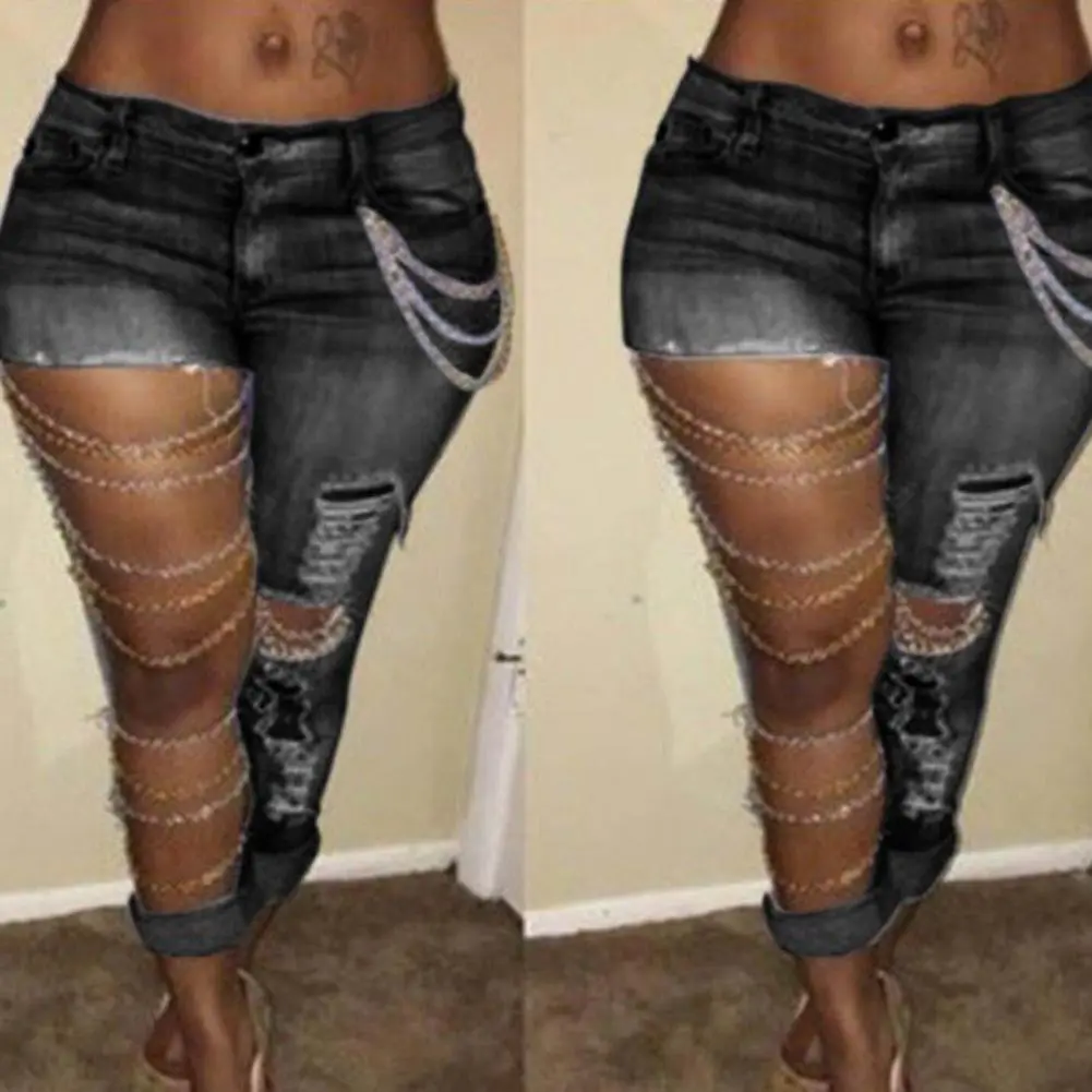 Women Denim Pants Exaggerated Ripped Holes Pencil Pants Ripped Holes Button Closure Skinny Jeans Hip Hop Skinny Denim Pants