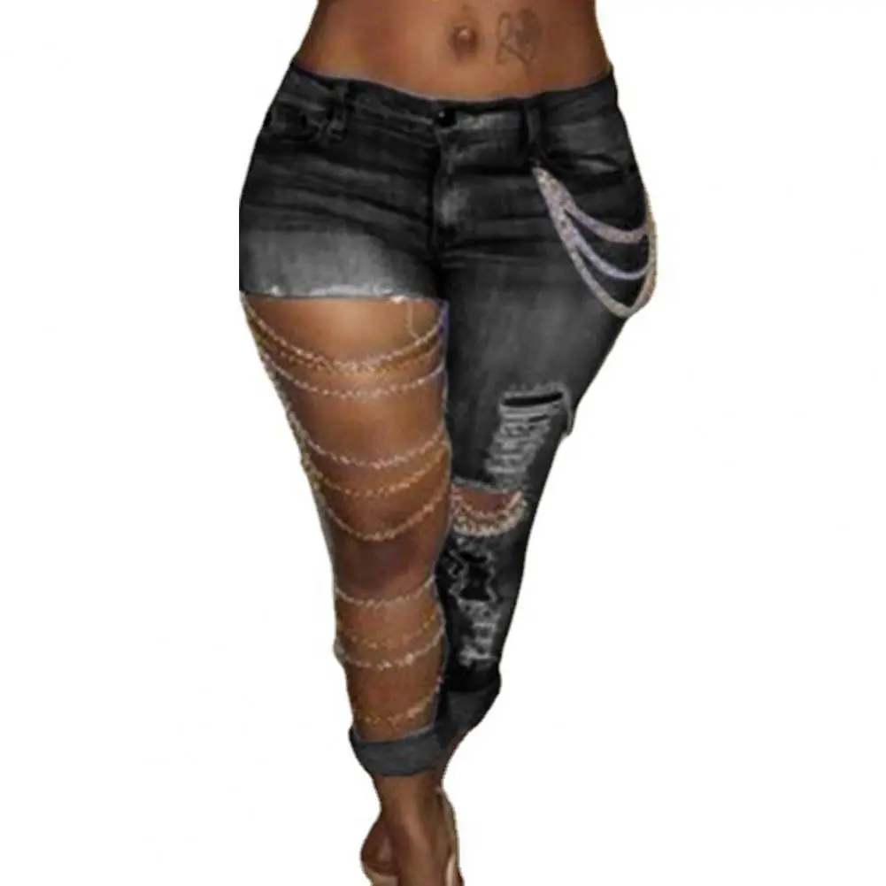 Women Denim Pants Exaggerated Ripped Holes Pencil Pants Ripped Holes Button Closure Skinny Jeans Hip Hop Skinny Denim Pants