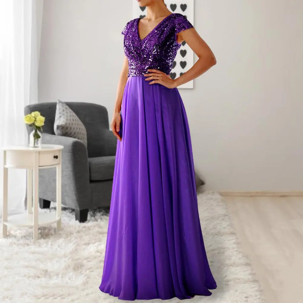 Elegant Sequins Chiffon Dress Pleated Hem Female Prom Cocktail Long Dress Sequins Tops Waist Tight Pleated Holiday Wedding Dress