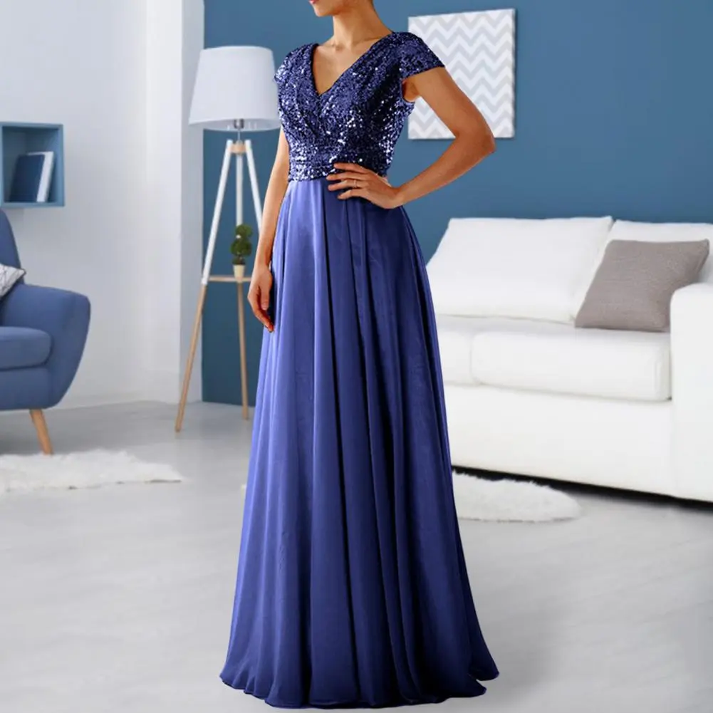 Elegant Sequins Chiffon Dress Pleated Hem Female Prom Cocktail Long Dress Sequins Tops Waist Tight Pleated Holiday Wedding Dress