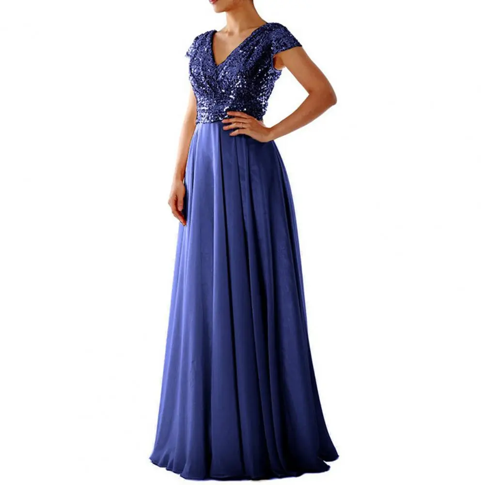 Elegant Sequins Chiffon Dress Pleated Hem Female Prom Cocktail Long Dress Sequins Tops Waist Tight Pleated Holiday Wedding Dress