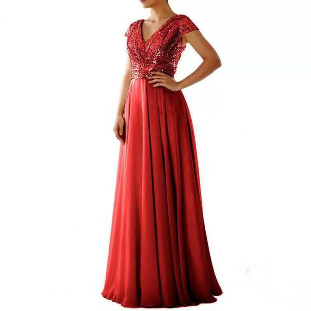 Elegant Sequins Chiffon Dress Pleated Hem Female Prom Cocktail Long Dress Sequins Tops Waist Tight Pleated Holiday Wedding Dress