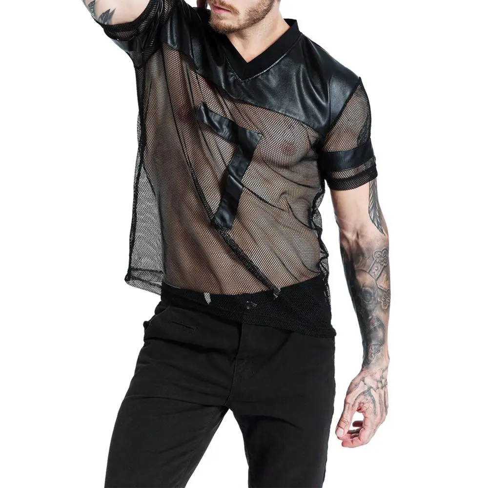 Sexy Men's Faux Leather T-shirt V-Neck Men Summer Short Sleeve Faux Leather Mesh See-through T-shirt Night Club Party Top