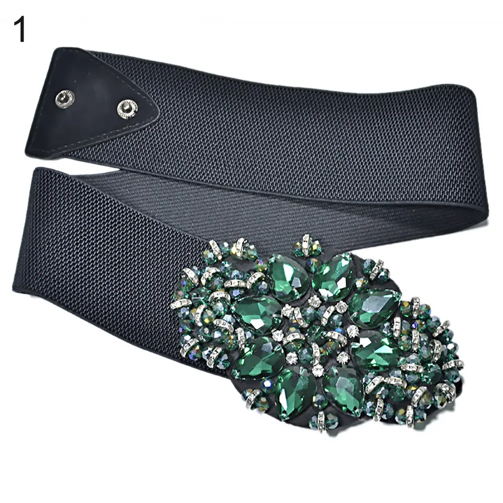 Women Colorful Rhinestone Flower Waist Belt Elastic Wide Waistband Dress Decor new