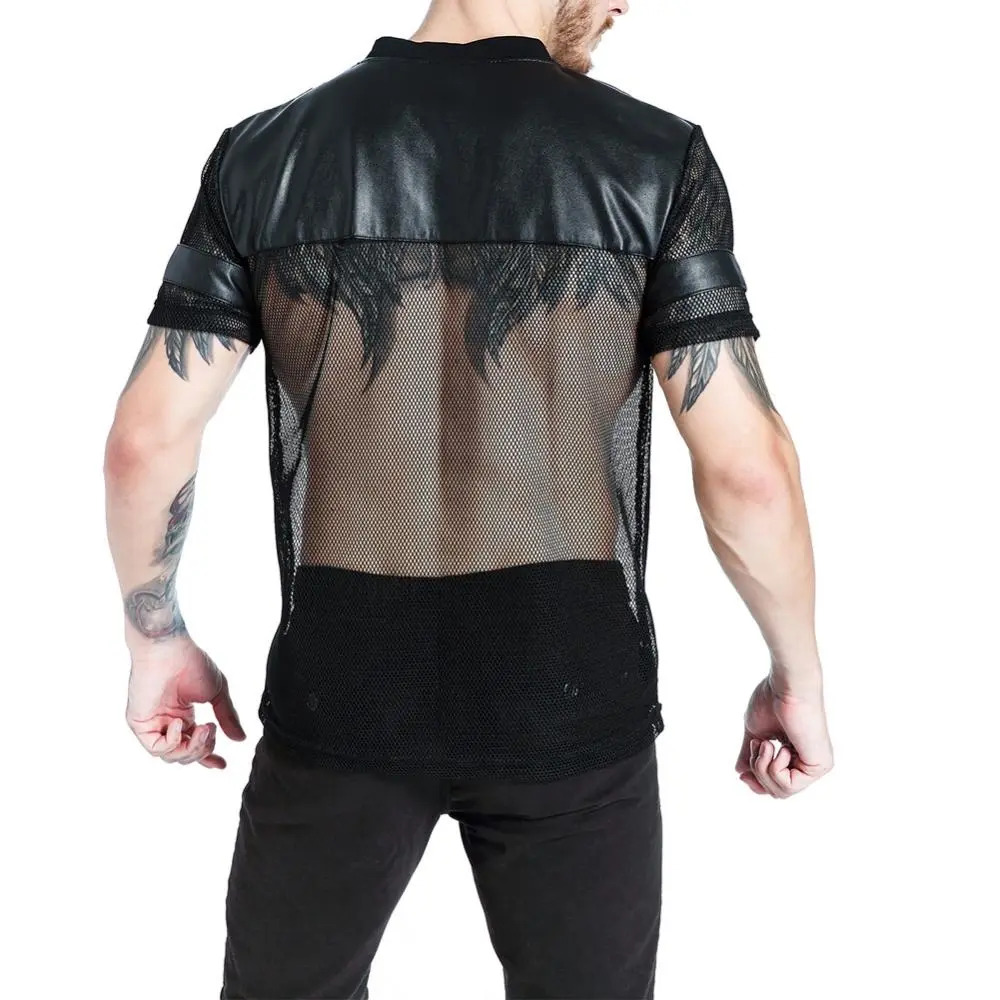 Sexy Men's Faux Leather T-shirt V-Neck Men Summer Short Sleeve Faux Leather Mesh See-through T-shirt Night Club Party Top