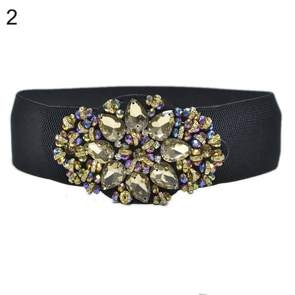 Women Colorful Rhinestone Flower Waist Belt Elastic Wide Waistband Dress Decor new