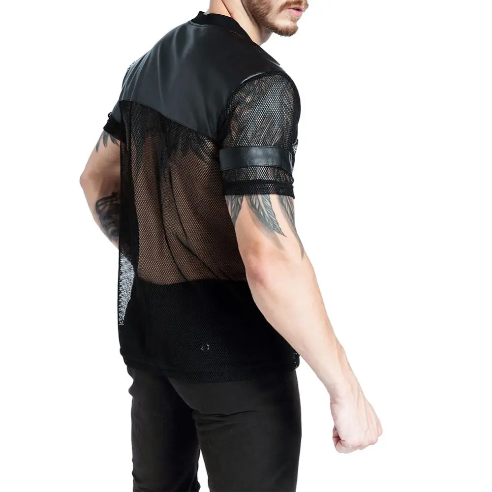 Sexy Men's Faux Leather T-shirt V-Neck Men Summer Short Sleeve Faux Leather Mesh See-through T-shirt Night Club Party Top