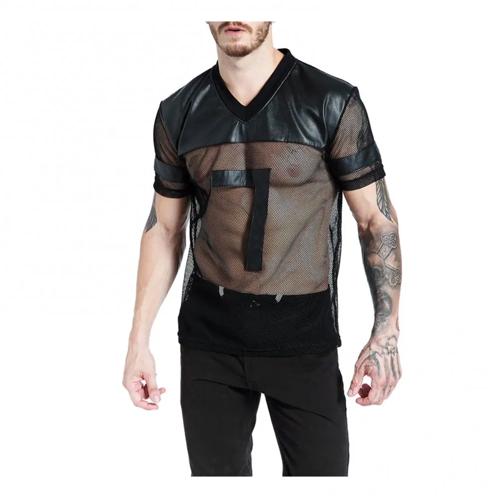 Sexy Men's Faux Leather T-shirt V-Neck Men Summer Short Sleeve Faux Leather Mesh See-through T-shirt Night Club Party Top