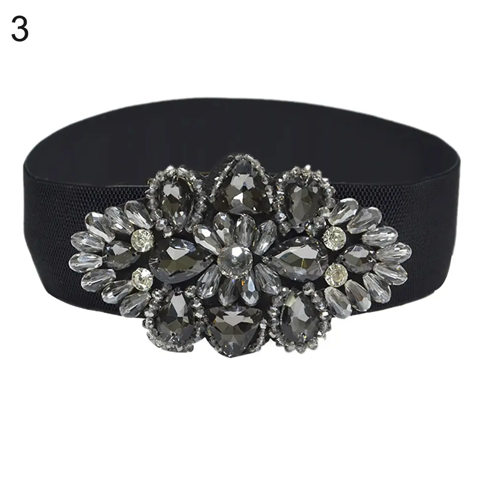 Women Colorful Rhinestone Flower Waist Belt Elastic Wide Waistband Dress Decor new
