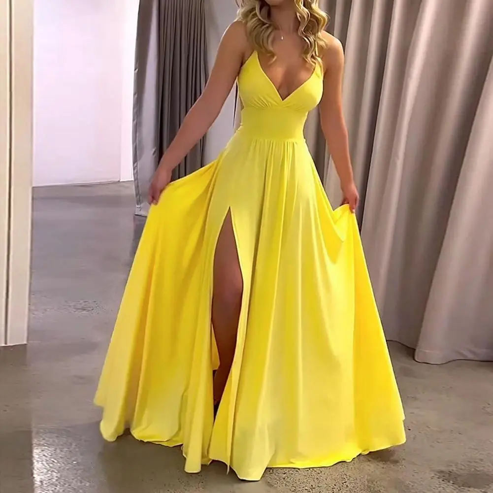 Women Ball Gown Split Hem Pleated Floor Length Evening Dress Low-cut V Neck Backless High Waist Party Maxi Dress Wedding Dresses