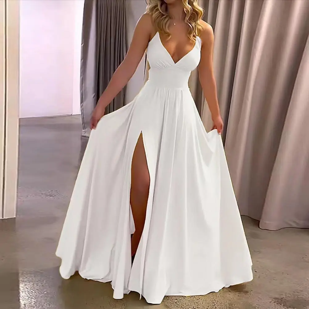 Women Ball Gown Split Hem Pleated Floor Length Evening Dress Low-cut V Neck Backless High Waist Party Maxi Dress Wedding Dresses