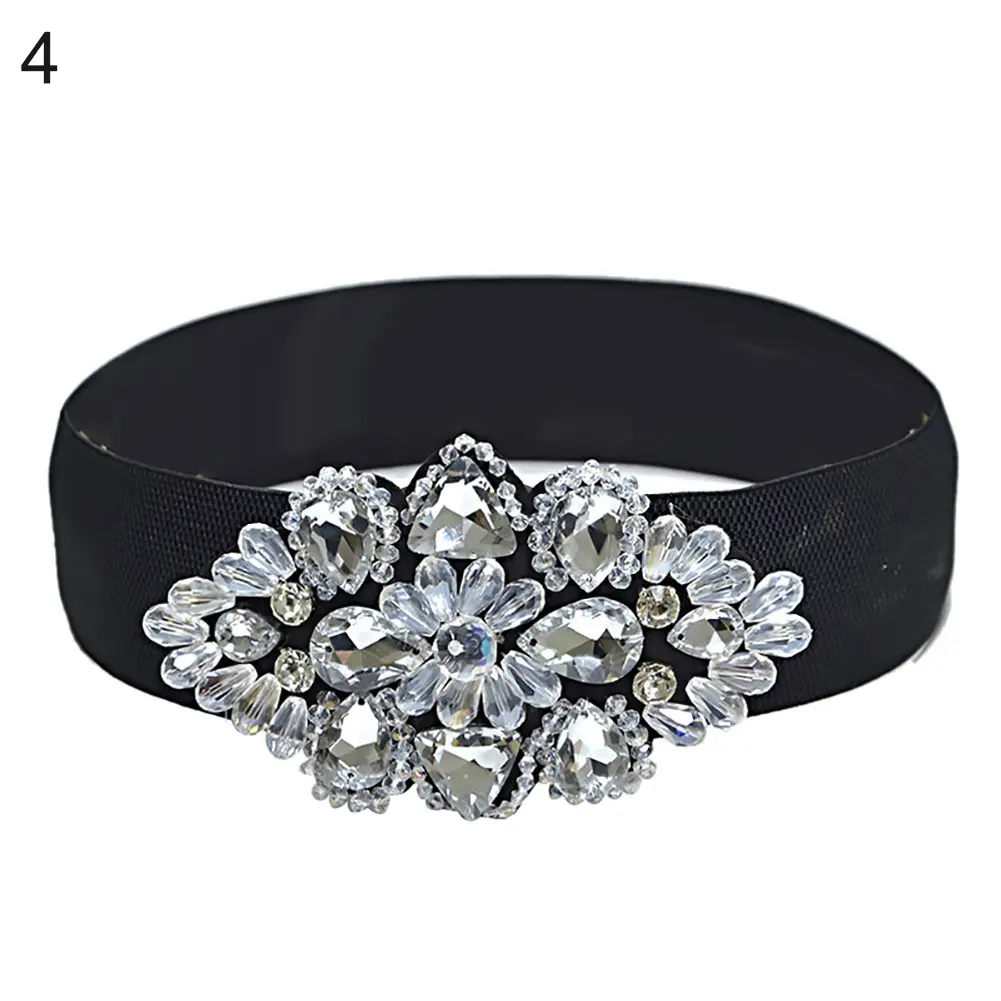 Women Colorful Rhinestone Flower Waist Belt Elastic Wide Waistband Dress Decor new