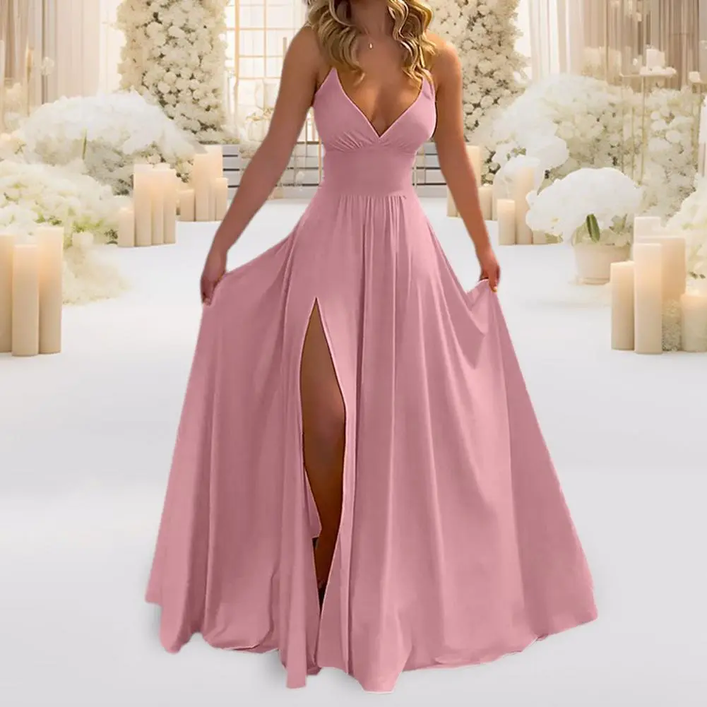 Women Ball Gown Split Hem Pleated Floor Length Evening Dress Low-cut V Neck Backless High Waist Party Maxi Dress Wedding Dresses