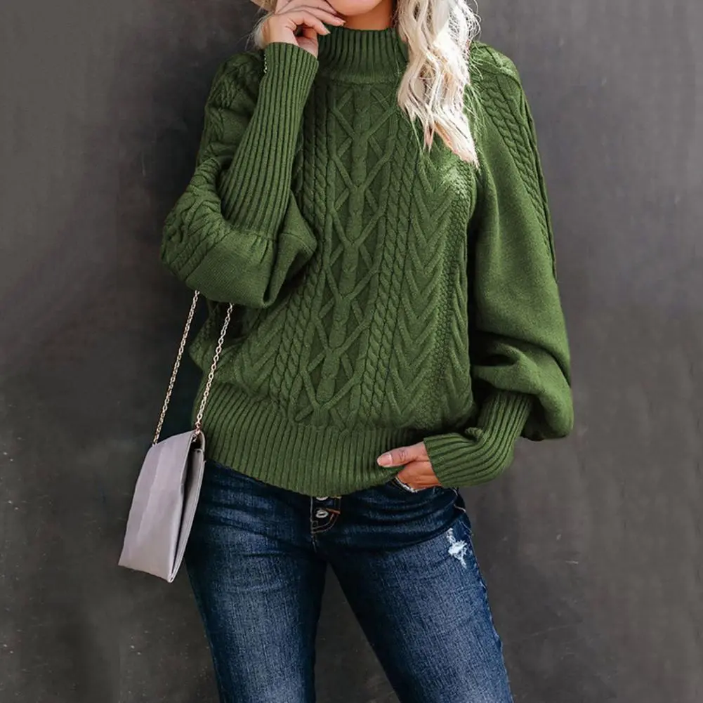 Women Sweater Jumper Spring Twist Texture Ribbed Trim Knitted Sweater Lantern Sleeves Autumn Winter Warm Pullover Sweater