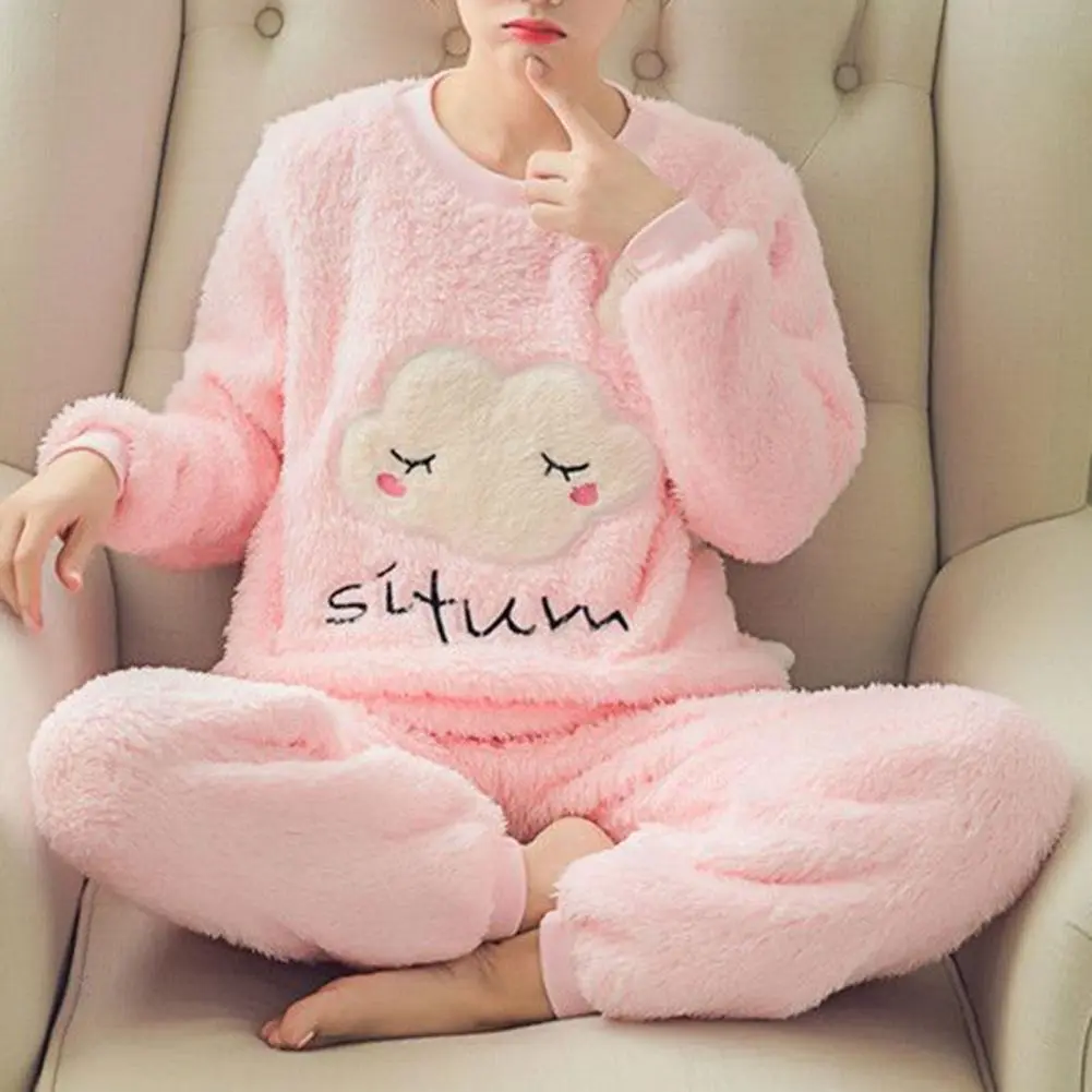 2025 Coral Fleece Women Winter Pajamas Striped Color Cartoon Print Thickened Plush High-quality Coral Velvet Homewear Pajama