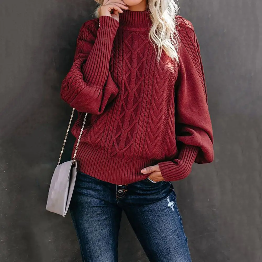 Women Sweater Jumper Spring Twist Texture Ribbed Trim Knitted Sweater Lantern Sleeves Autumn Winter Warm Pullover Sweater