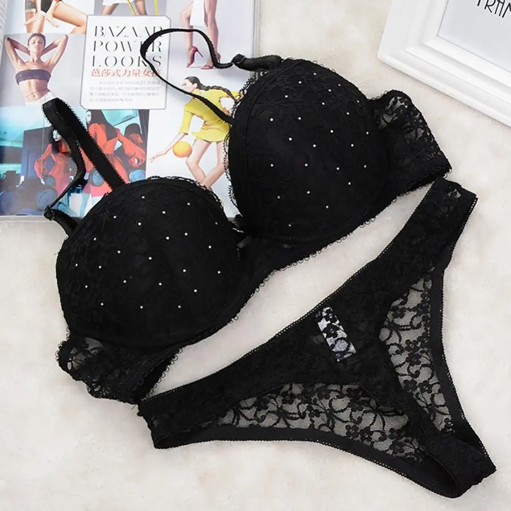 Rhinestone Women Lace Bra G-string Set Sexy Lingerie Woman Lace Transparent Underwear Embroidery Push Up Brassiere Brief Sets