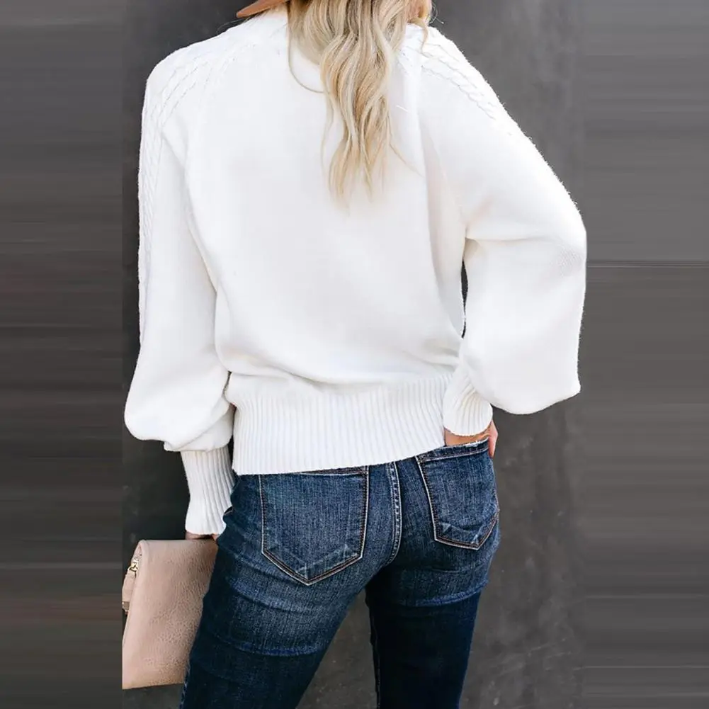 Women Sweater Jumper Spring Twist Texture Ribbed Trim Knitted Sweater Lantern Sleeves Autumn Winter Warm Pullover Sweater