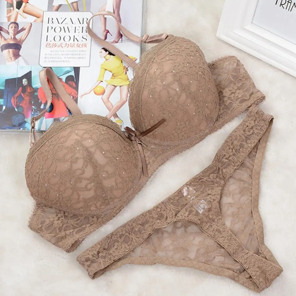 Rhinestone Women Lace Bra G-string Set Sexy Lingerie Woman Lace Transparent Underwear Embroidery Push Up Brassiere Brief Sets