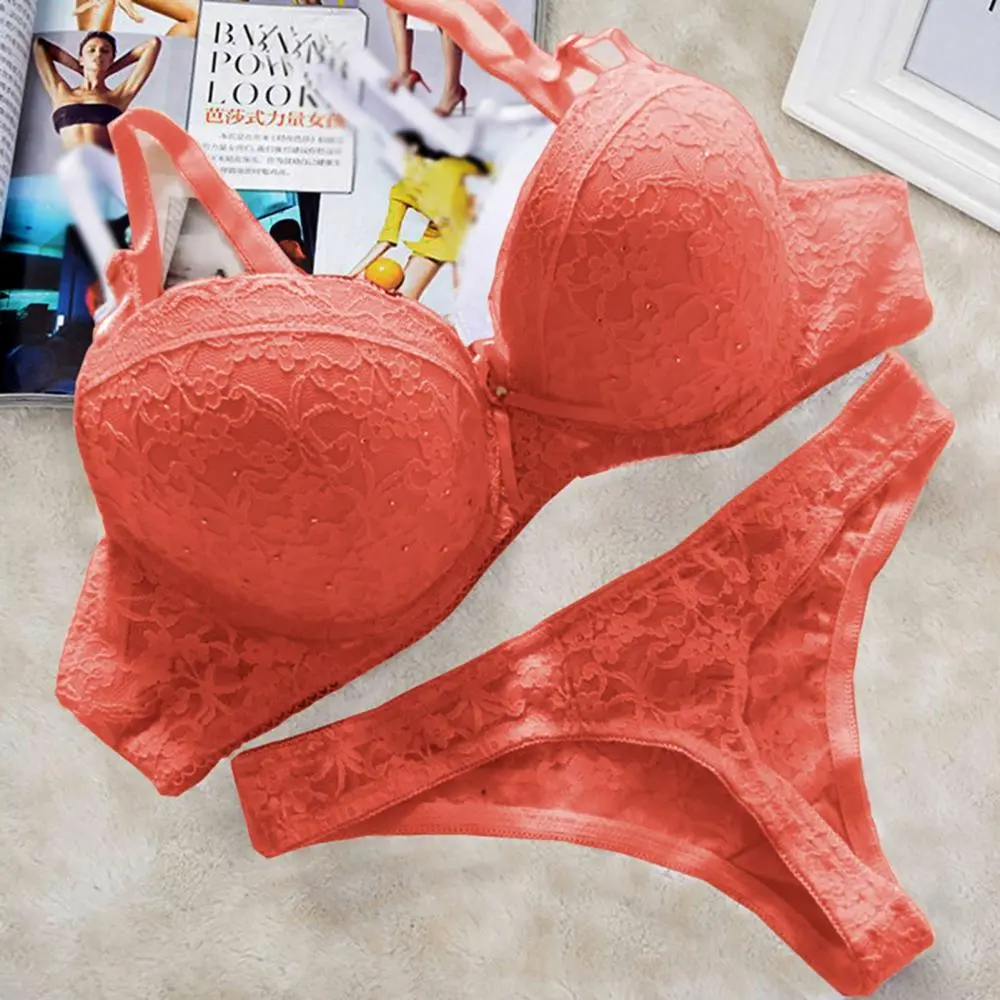 Rhinestone Women Lace Bra G-string Set Sexy Lingerie Woman Lace Transparent Underwear Embroidery Push Up Brassiere Brief Sets