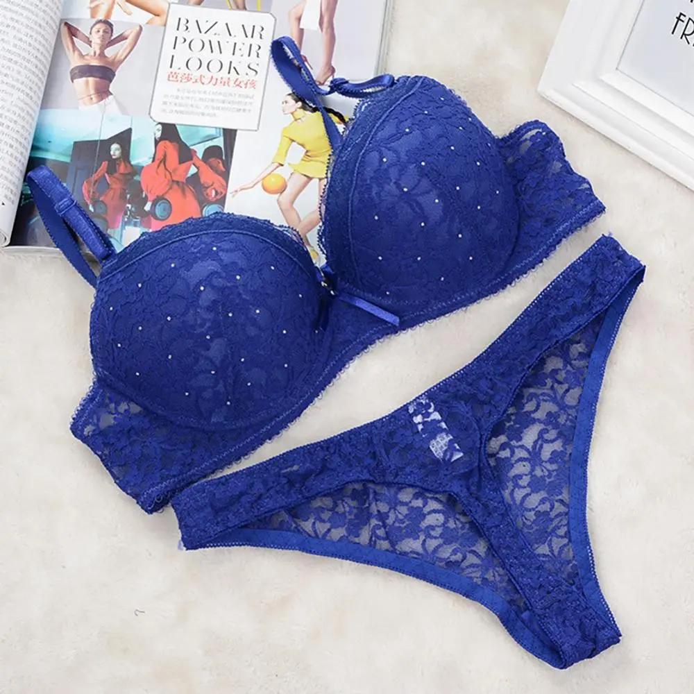 Rhinestone Women Lace Bra G-string Set Sexy Lingerie Woman Lace Transparent Underwear Embroidery Push Up Brassiere Brief Sets